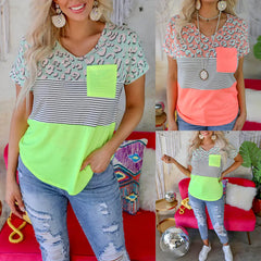 Striped Print Short-Sleeved Casual T-Shirt with Pocket