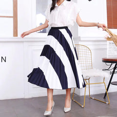 Mid-Length Printed Pleated Skirt with Elastic Waist