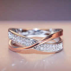 X-Shaped Two-Tone Zircon Copper Ring for Women