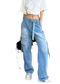 Light Blue Wide-leg Tooling Jeans for Women