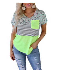 Striped Print Short-Sleeved Casual T-Shirt with Pocket
