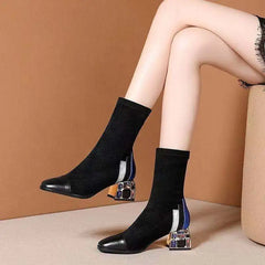 Rhinestone Velvet Pointed Toe High-Heeled Ankle Boots