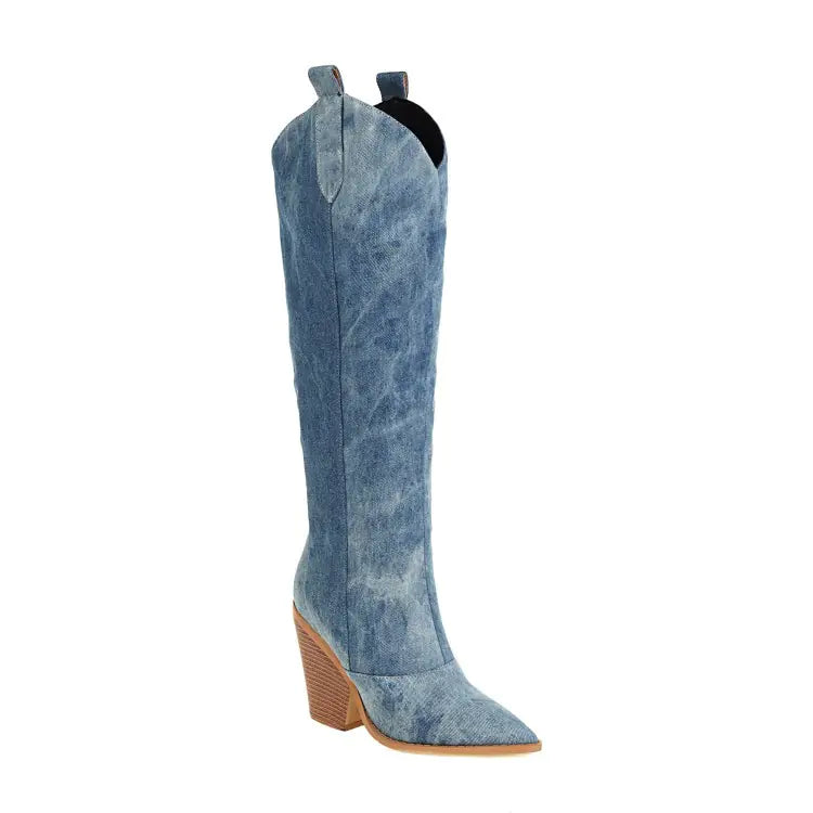 Denim Pointed Toe High Knee Super Heel Boots