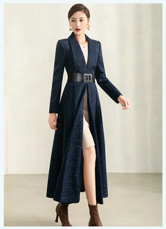 Medium Long Blue Plaid Coat for Women