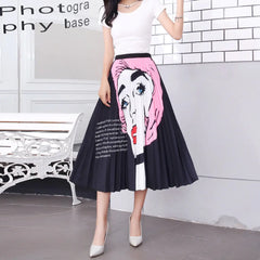 Mid-Length Printed Pleated Skirt with Elastic Waist