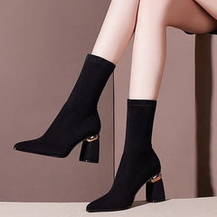 Rhinestone Velvet Pointed Toe High-Heeled Ankle Boots