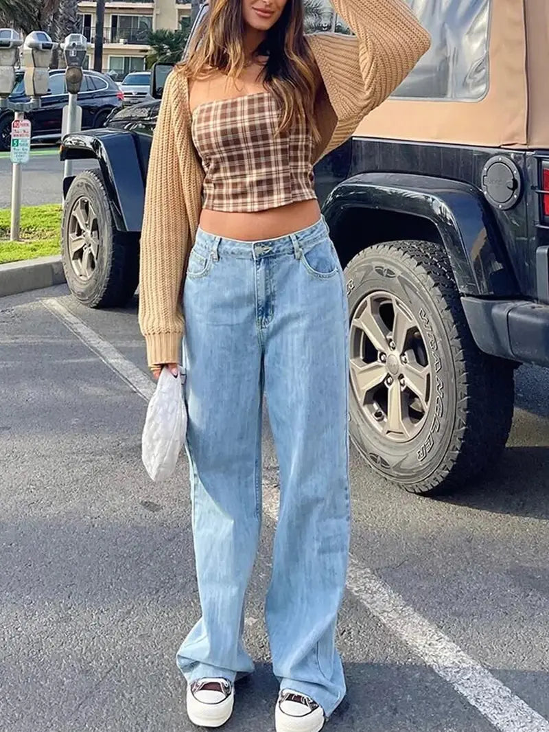 Light Blue High Waist Wide Leg Denim Jeans for Women