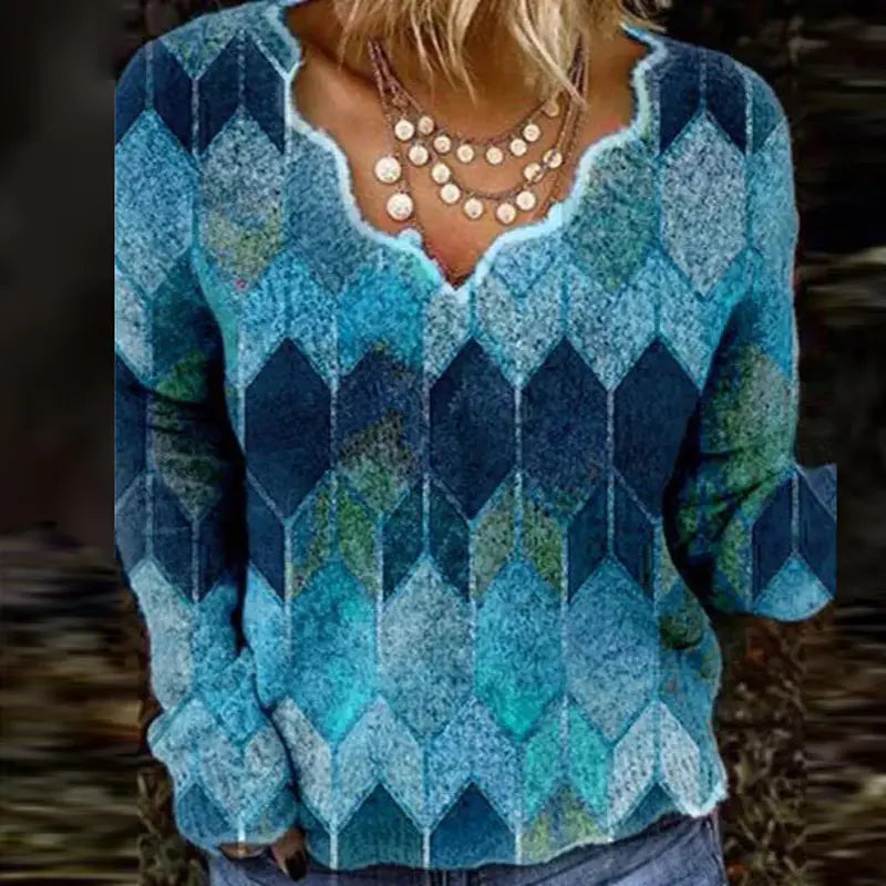 Women's Printed Long Sleeve V-Neck Sweater