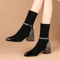 Rhinestone Velvet Pointed Toe High-Heeled Ankle Boots