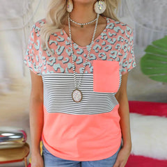 Striped Print Short-Sleeved Casual T-Shirt with Pocket