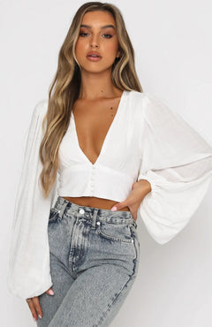 Lightly Cooked Deep V Lantern Sleeve Button Top