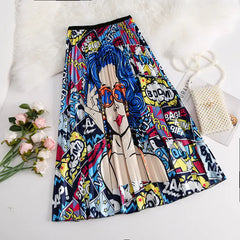 Mid-Length Printed Pleated Skirt with Elastic Waist