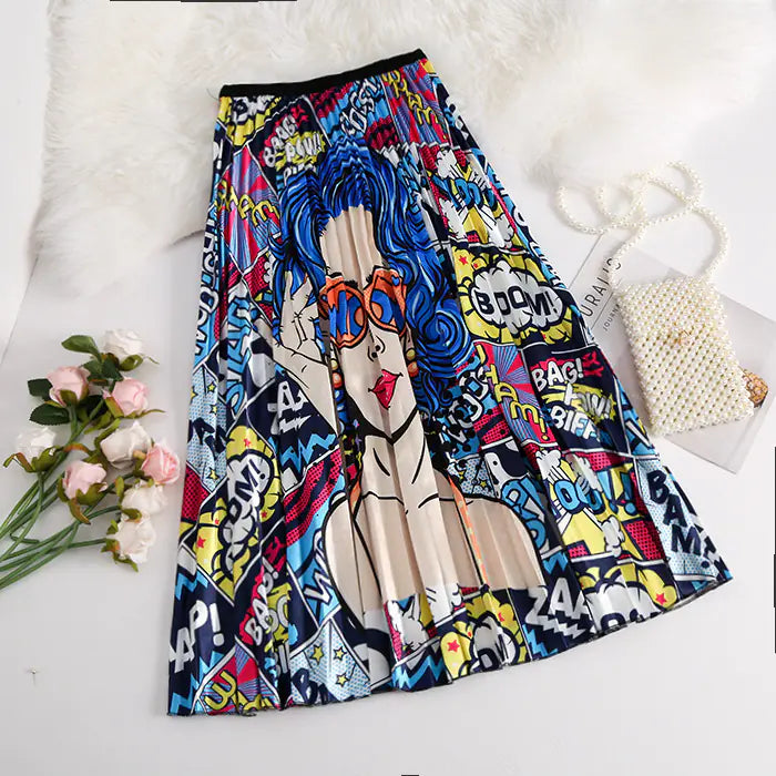 Mid-Length Printed Pleated Skirt with Elastic Waist