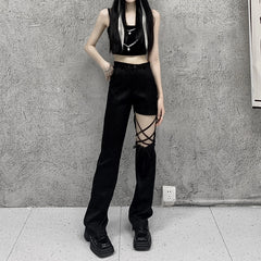 Gothic Punk Lace-up High Waist Leggings for Fall/Winter