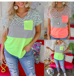 Striped Print Short-Sleeved Casual T-Shirt with Pocket
