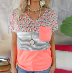 Striped Print Short-Sleeved Casual T-Shirt with Pocket