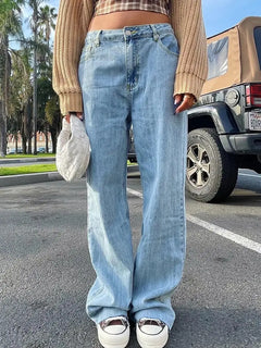 Light Blue High Waist Wide Leg Denim Jeans for Women