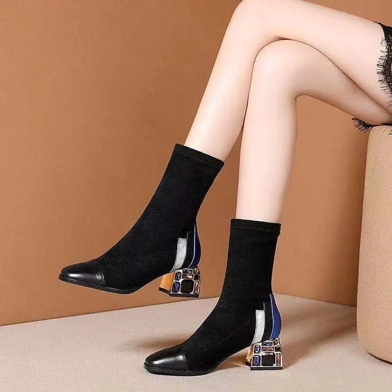 Rhinestone Velvet Pointed Toe High-Heeled Ankle Boots