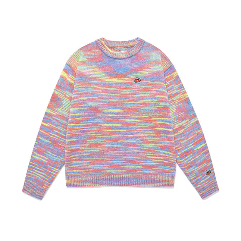 Cherry Embroidered Rainbow Striped Knit Sweater