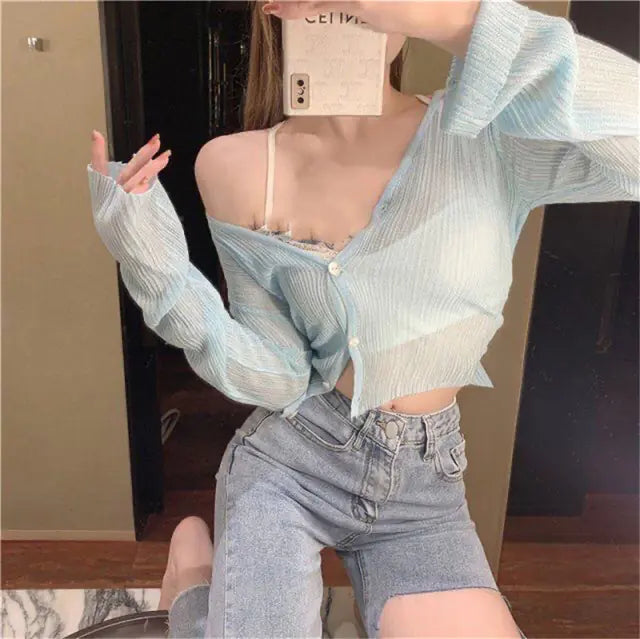 Korean Summer Cropped Knitted Cardigans for Women