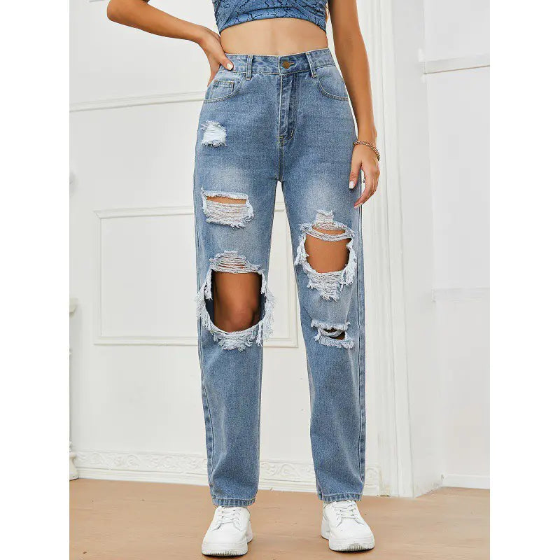 2023 Women's Distressed Straight Leg Denim Pants