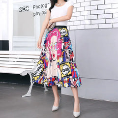 Mid-Length Printed Pleated Skirt with Elastic Waist