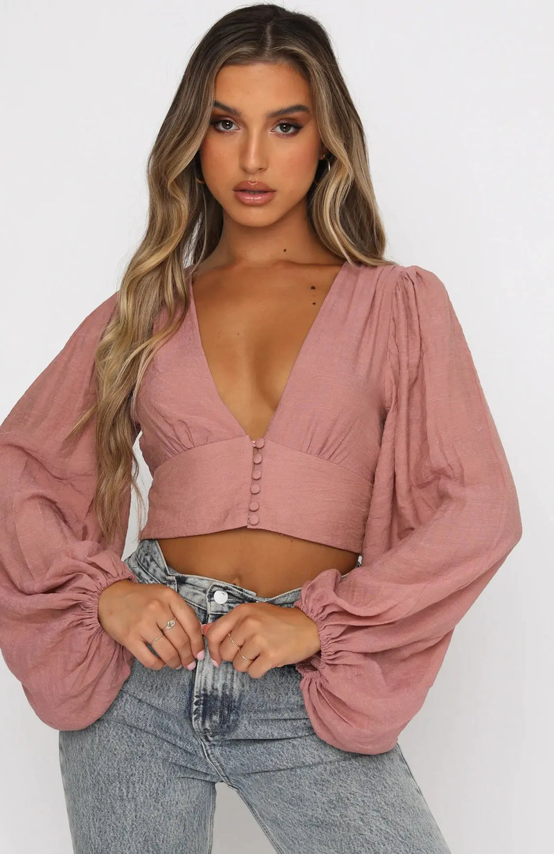 Lightly Cooked Deep V Lantern Sleeve Button Top