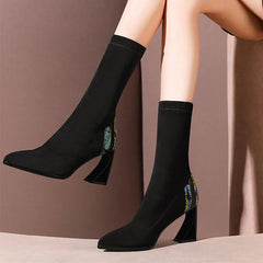 Rhinestone Velvet Pointed Toe High-Heeled Ankle Boots