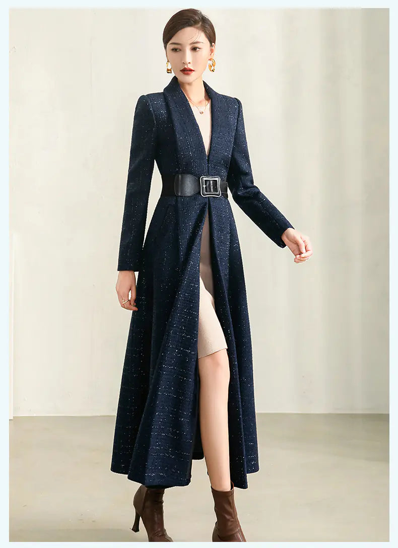 Medium Long Blue Plaid Coat for Women